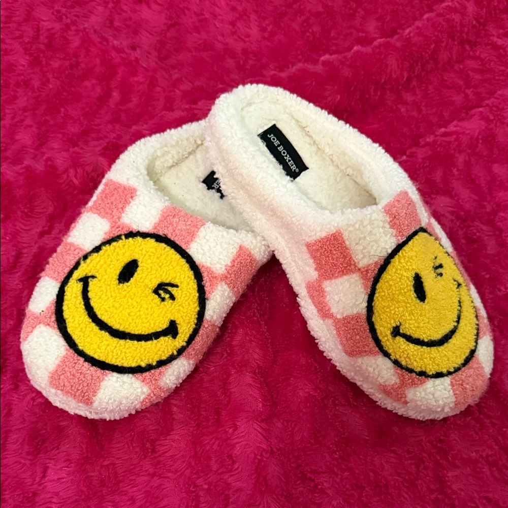 Joe Boxer Pink and White Slippers with Smiley Faces